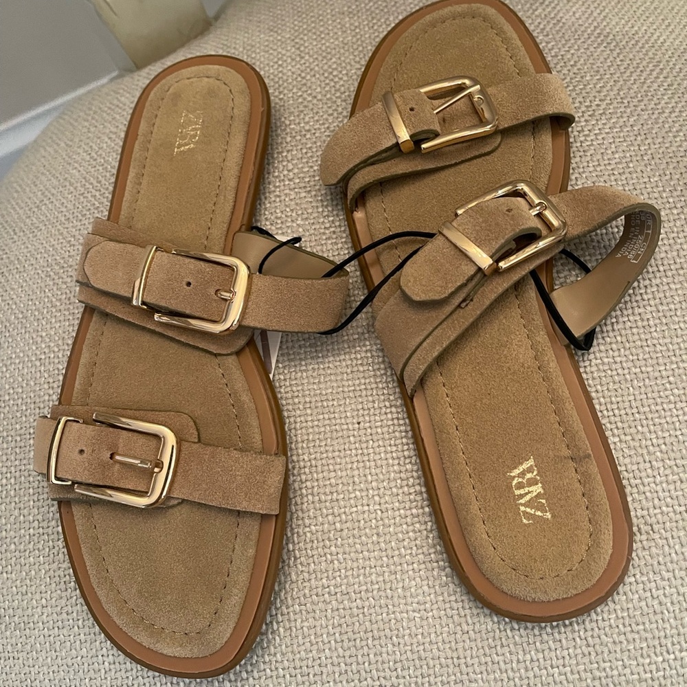 Zara Tan Suede Buckle Sandals